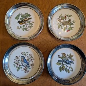 Silver Rimmed Bird Design Coasters Set
